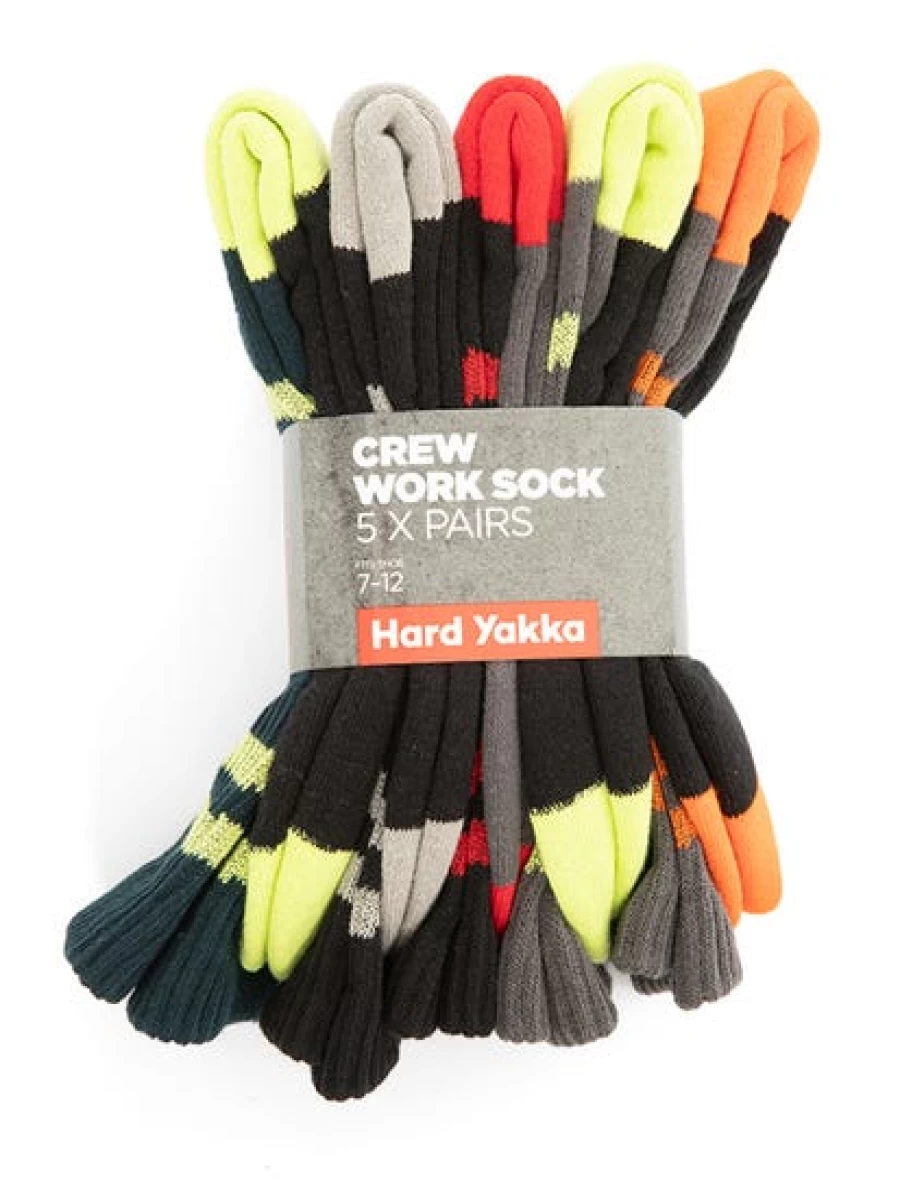 Hard Yakka Men's 5-Pack Durable Crew Work Socks for Heavy Duty Comfort