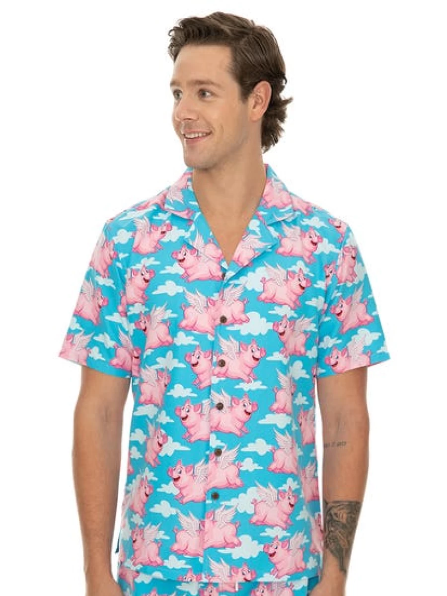 Pacifica Men's When Pigs Fly Sky Blue Short Sleeve Party Shirt