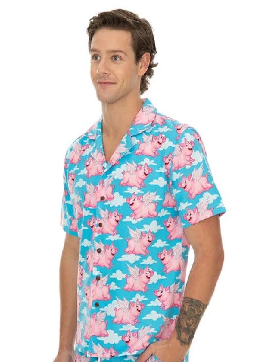 Pacifica Men's When Pigs Fly Sky Blue Short Sleeve Party Shirt