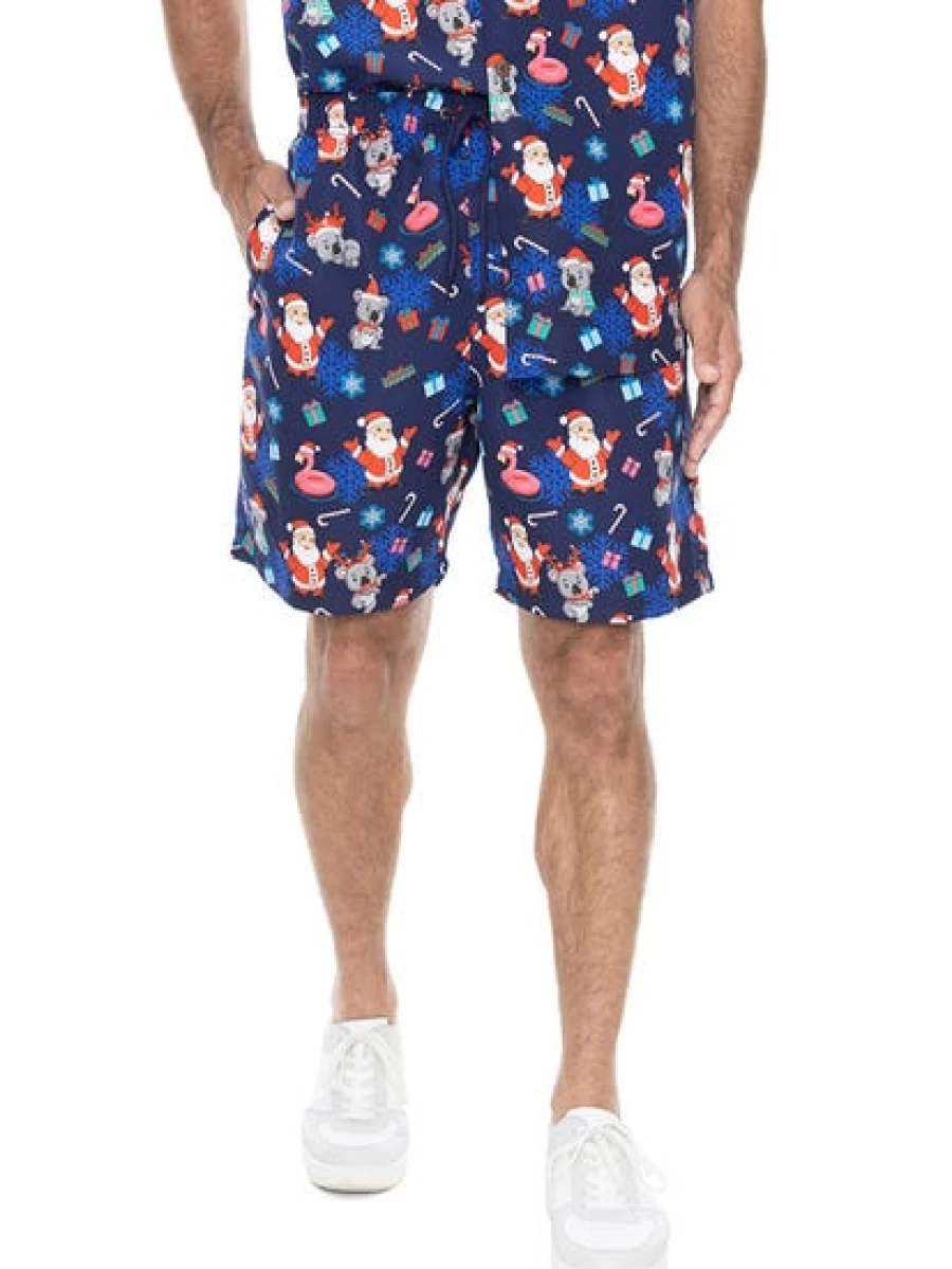 Lowes Men's Christmas Printed Shorts Navy Santa & Koala Holiday Design