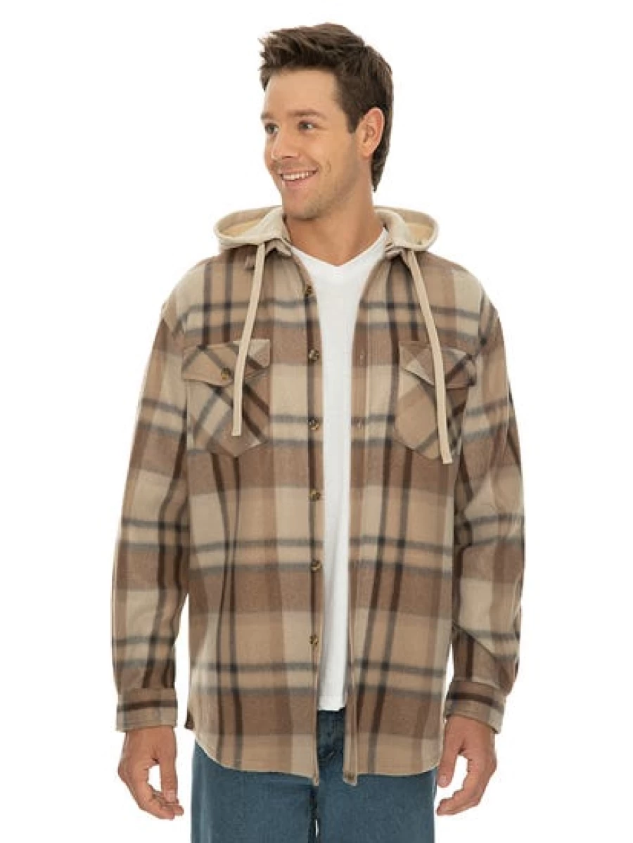 Lowes Men's Polar Fleece Hooded Shirt in Tan Check Pattern