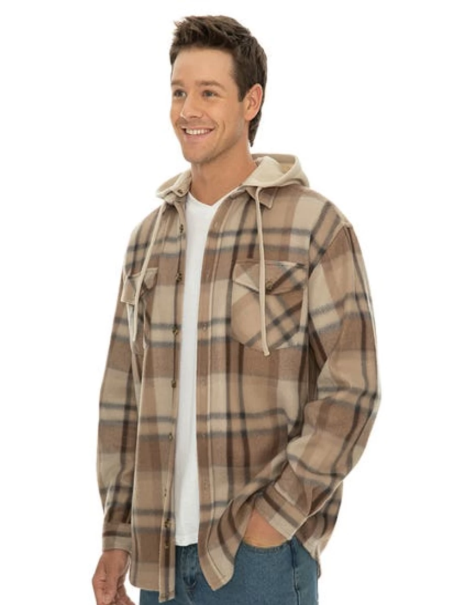 Lowes Men's Polar Fleece Hooded Shirt in Tan Check Pattern