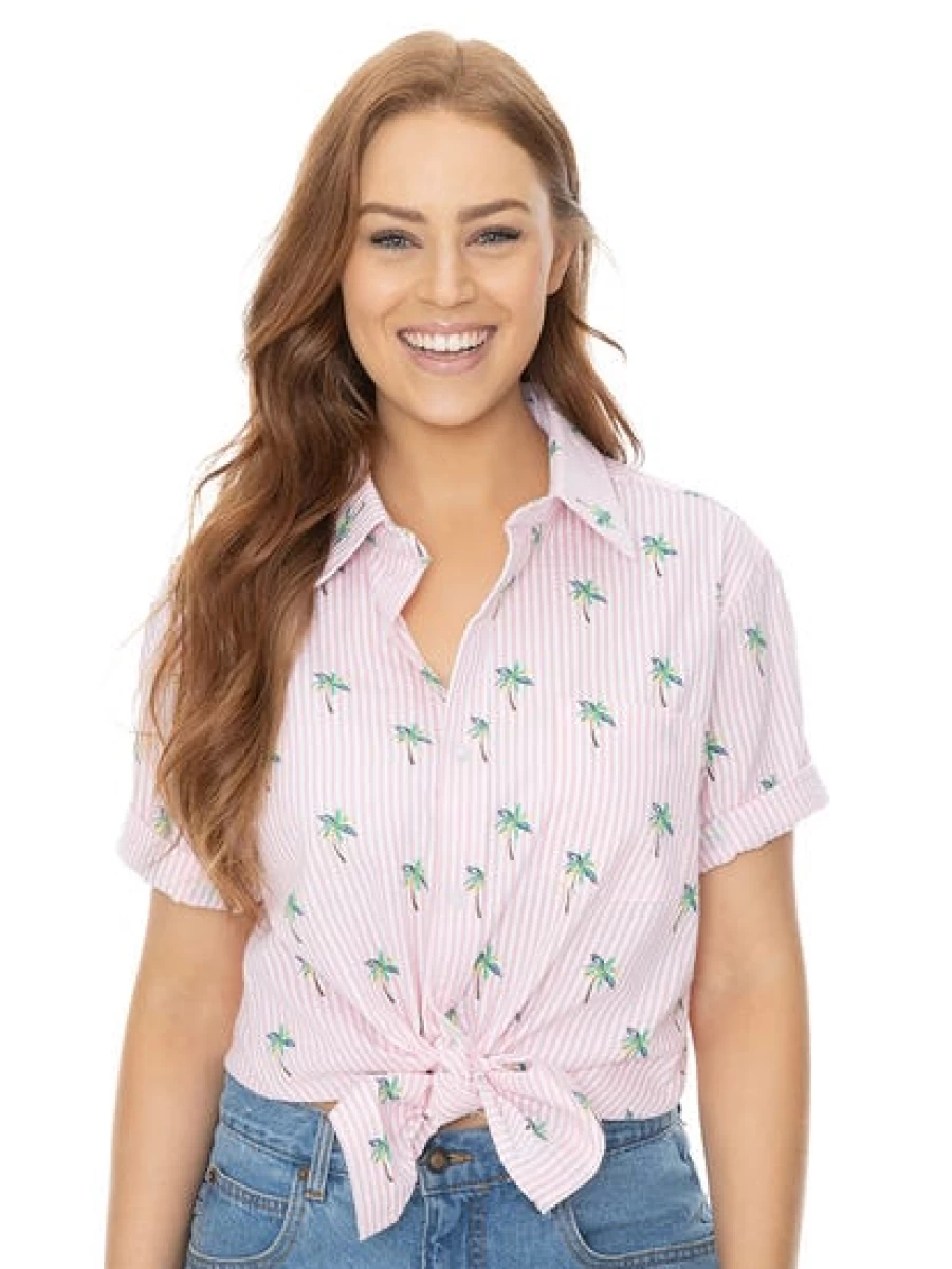 Prodigy Women's Short Sleeve Pink & Green Palm Print Casual Shirt - Striped Summer Top