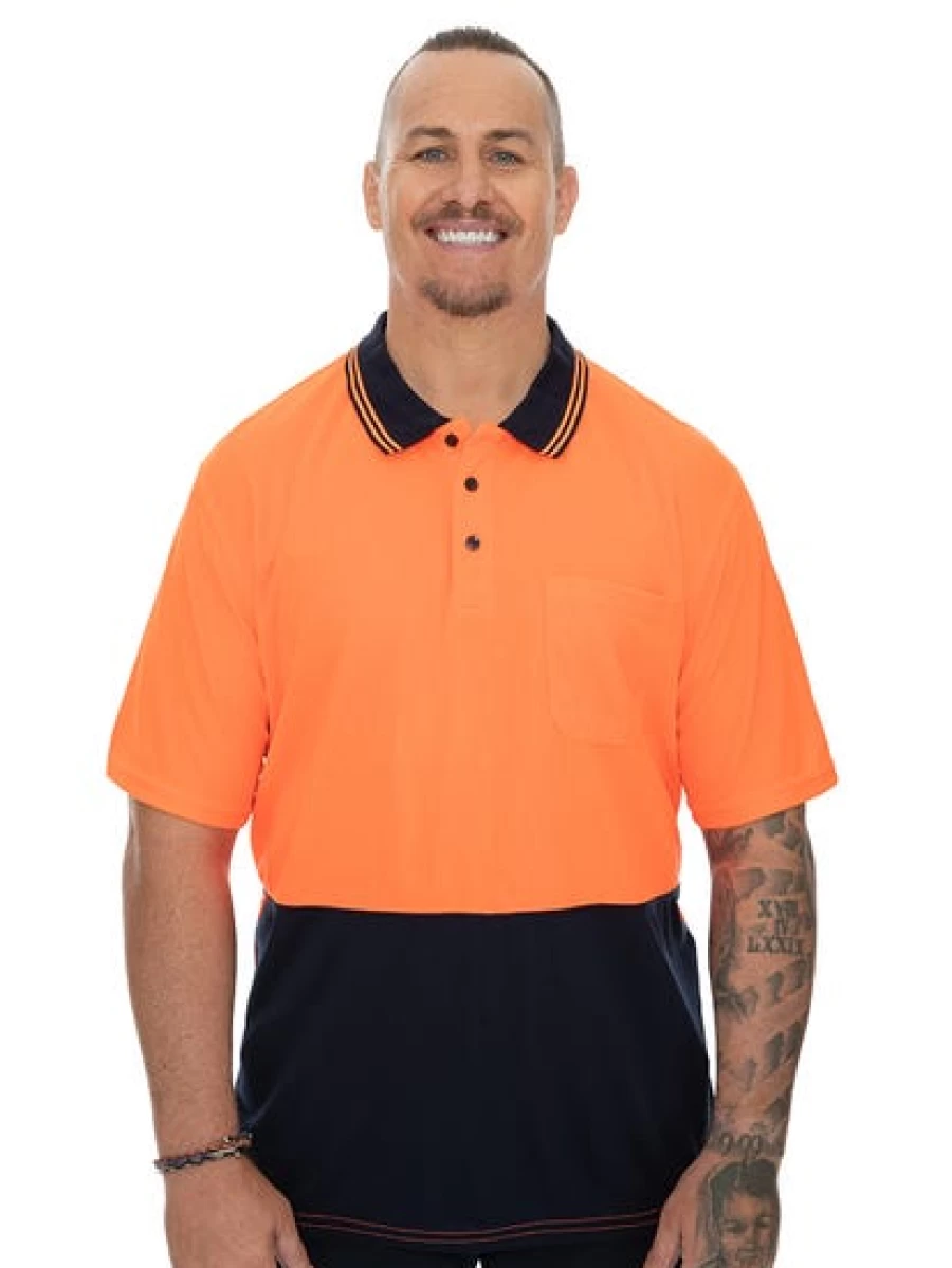 Men's High-Visibility Cool Dry Polo Shirt - Traders Brand Orange & Navy Safety Workwear