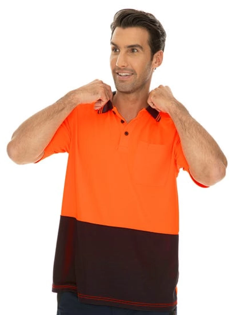 Men's High-Visibility Cool Dry Polo Shirt - Traders Brand Orange & Navy Safety Workwear
