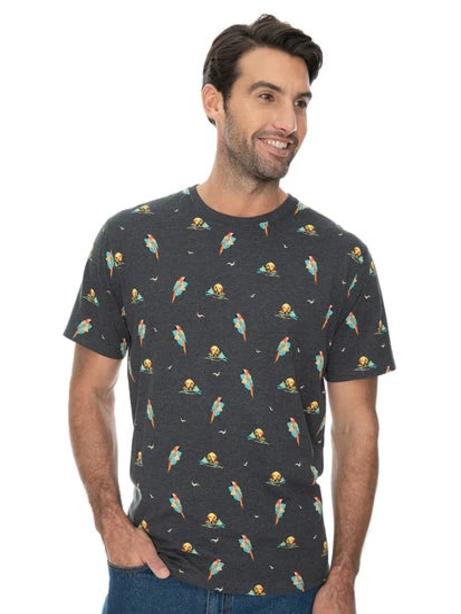 Lowes Men's Parrot Print Grey Cotton T-Shirt Casual Short Sleeve Tee