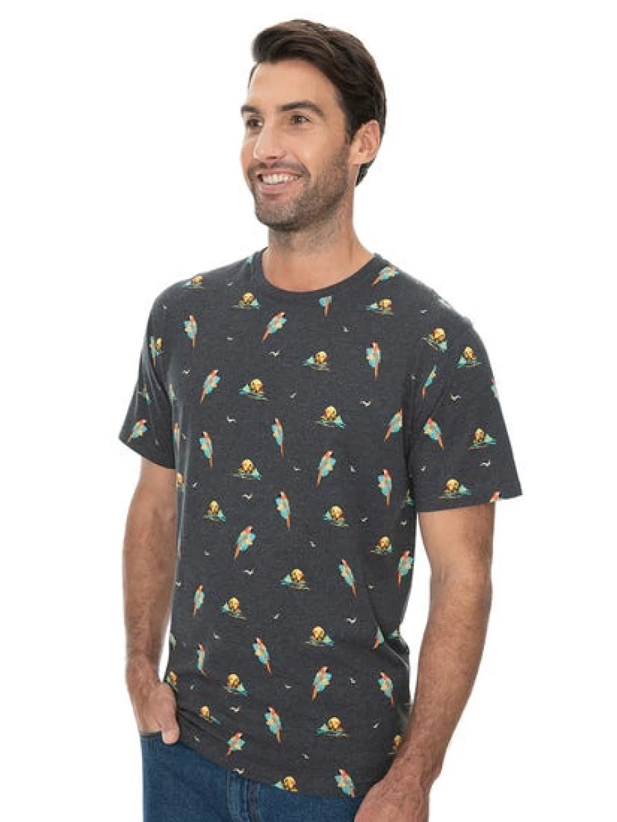 Lowes Men's Parrot Print Grey Cotton T-Shirt Casual Short Sleeve Tee