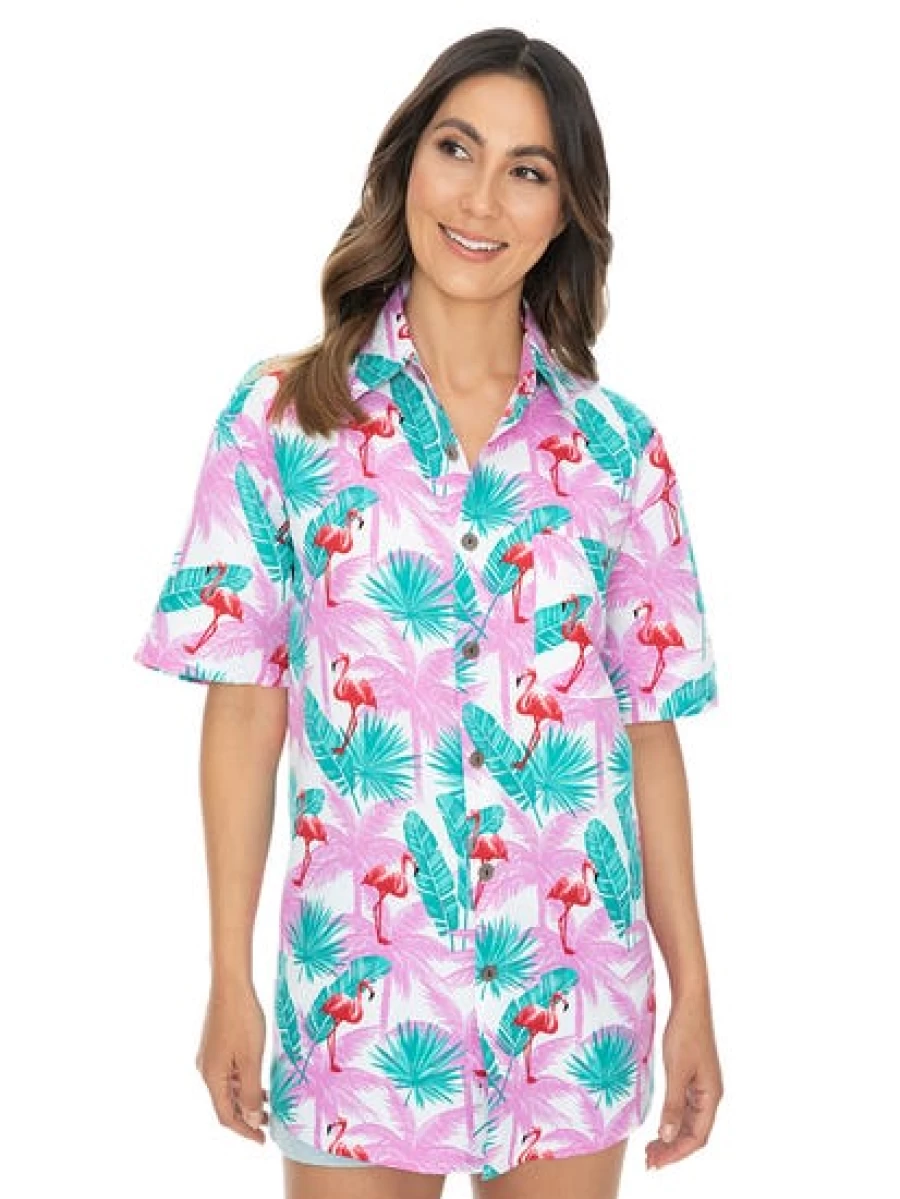 Lowes Men's Hawaiian Shirt - Pink Flamingo & Tropical Palms Print, Short Sleeve Casual Beach Shirt
