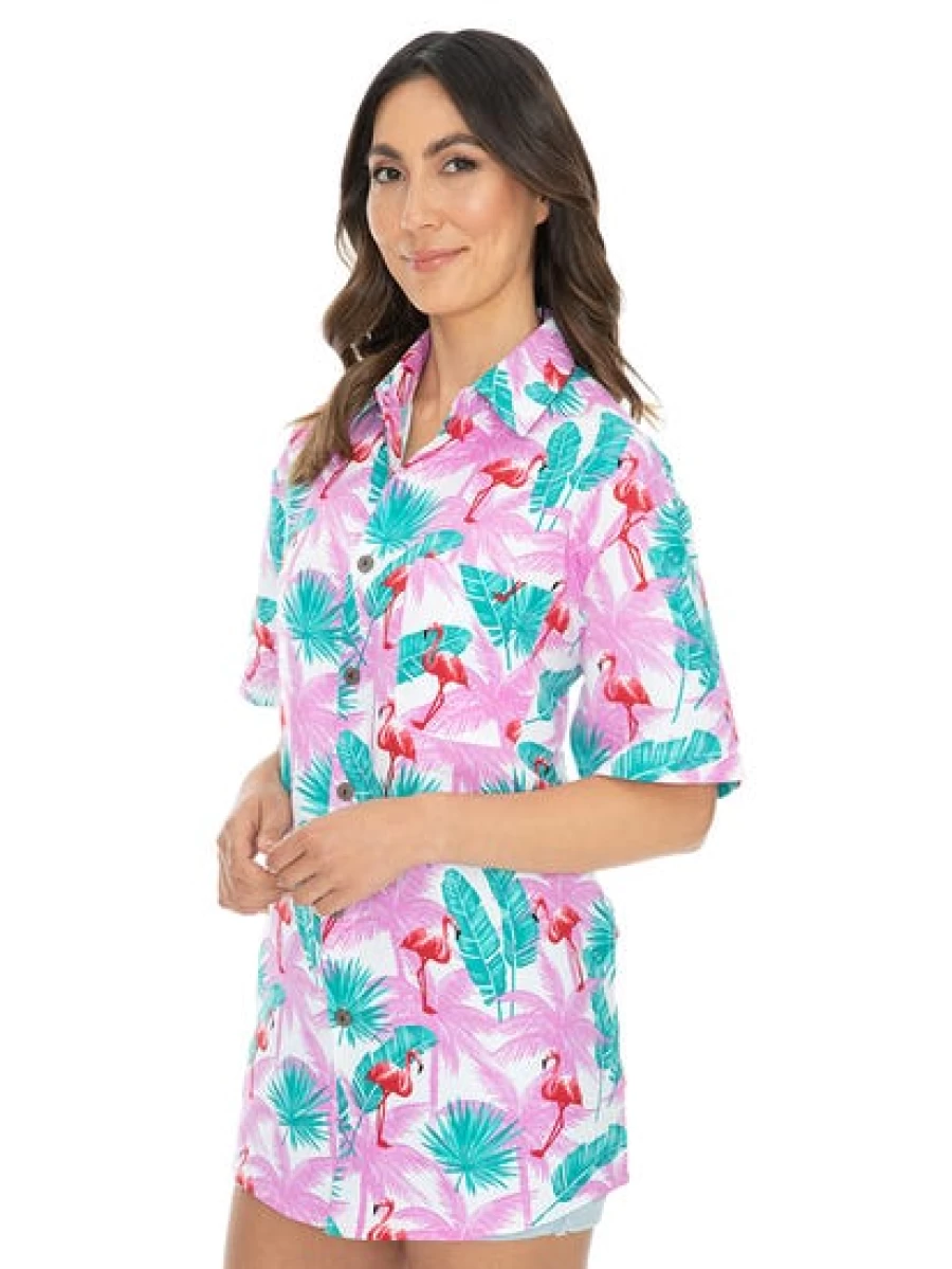 Lowes Men's Hawaiian Shirt - Pink Flamingo & Tropical Palms Print, Short Sleeve Casual Beach Shirt
