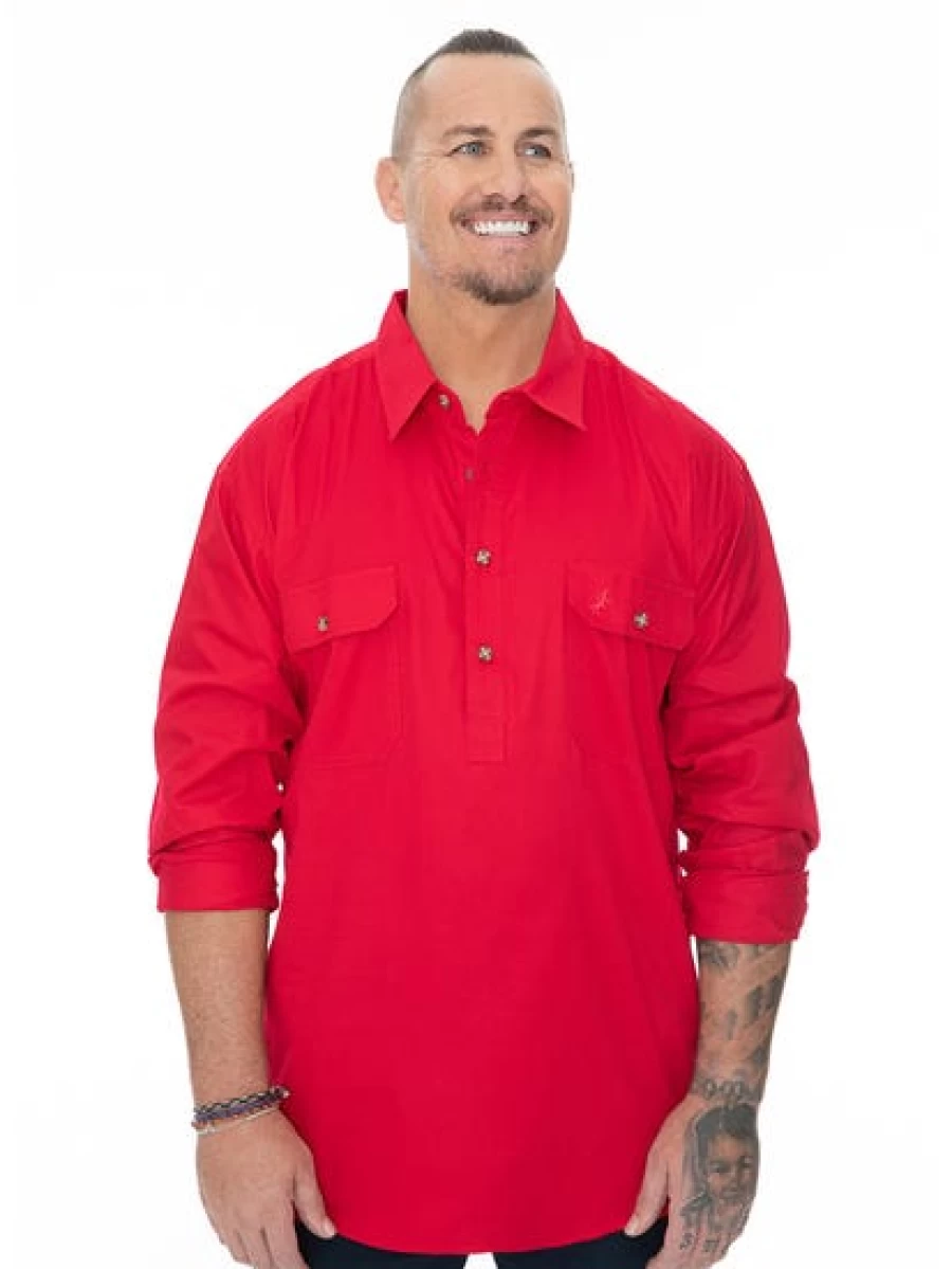 Men's Traders Outdoor Long Sleeve Shirt - Red Quarter Placket Button-Up Casual Hiking Top