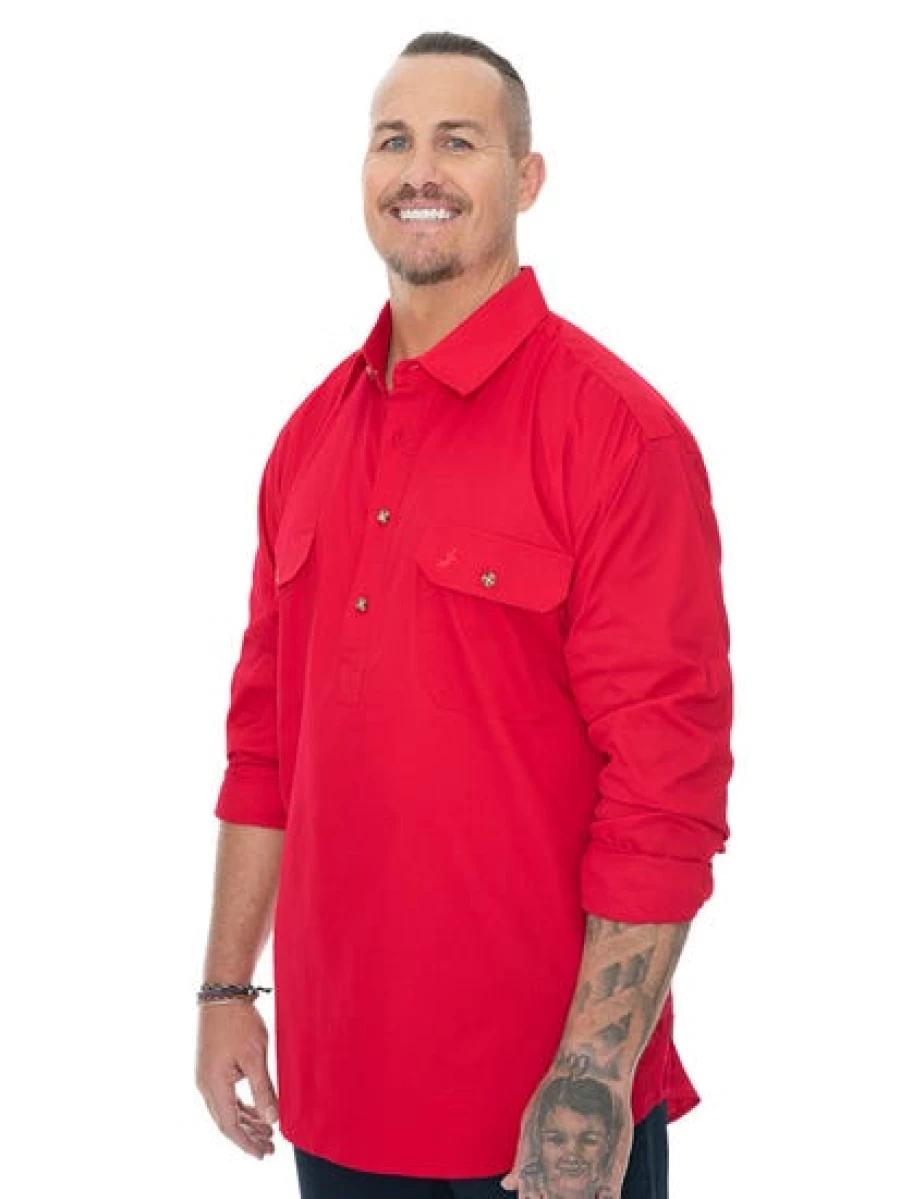 Men's Traders Outdoor Long Sleeve Shirt - Red Quarter Placket Button-Up Casual Hiking Top