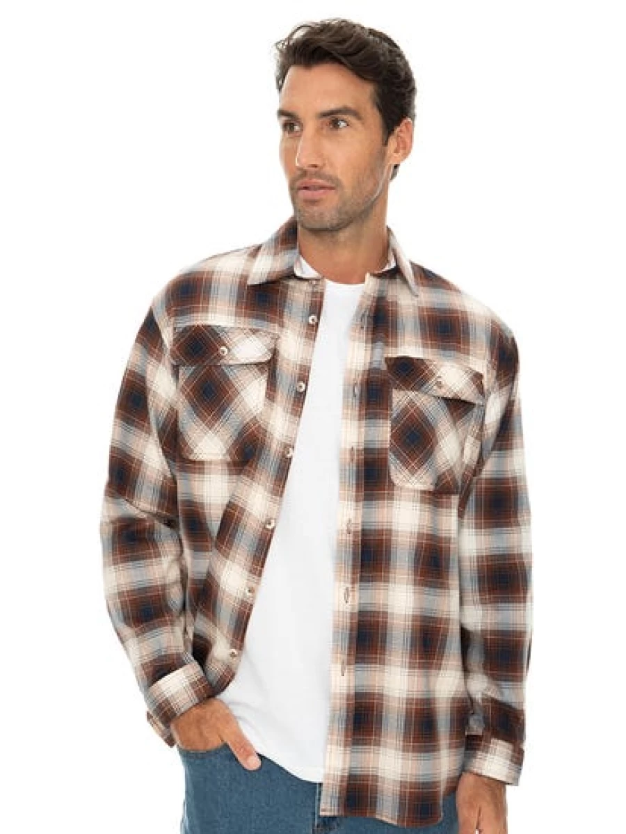 Lowes Men's Brown & Navy Check Flannel Shirt - Soft Casual Long Sleeve Plaid Top
