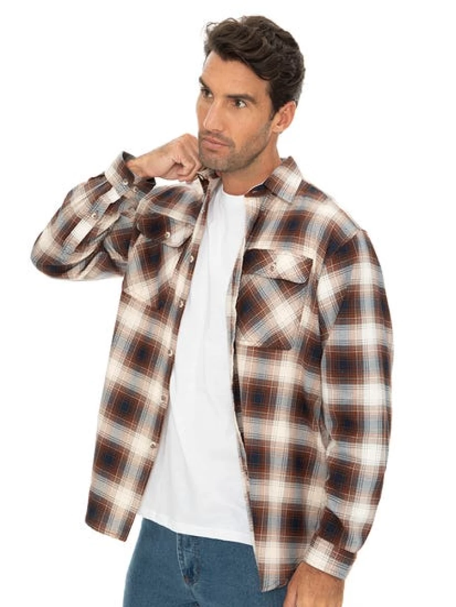 Lowes Men's Brown & Navy Check Flannel Shirt - Soft Casual Long Sleeve Plaid Top