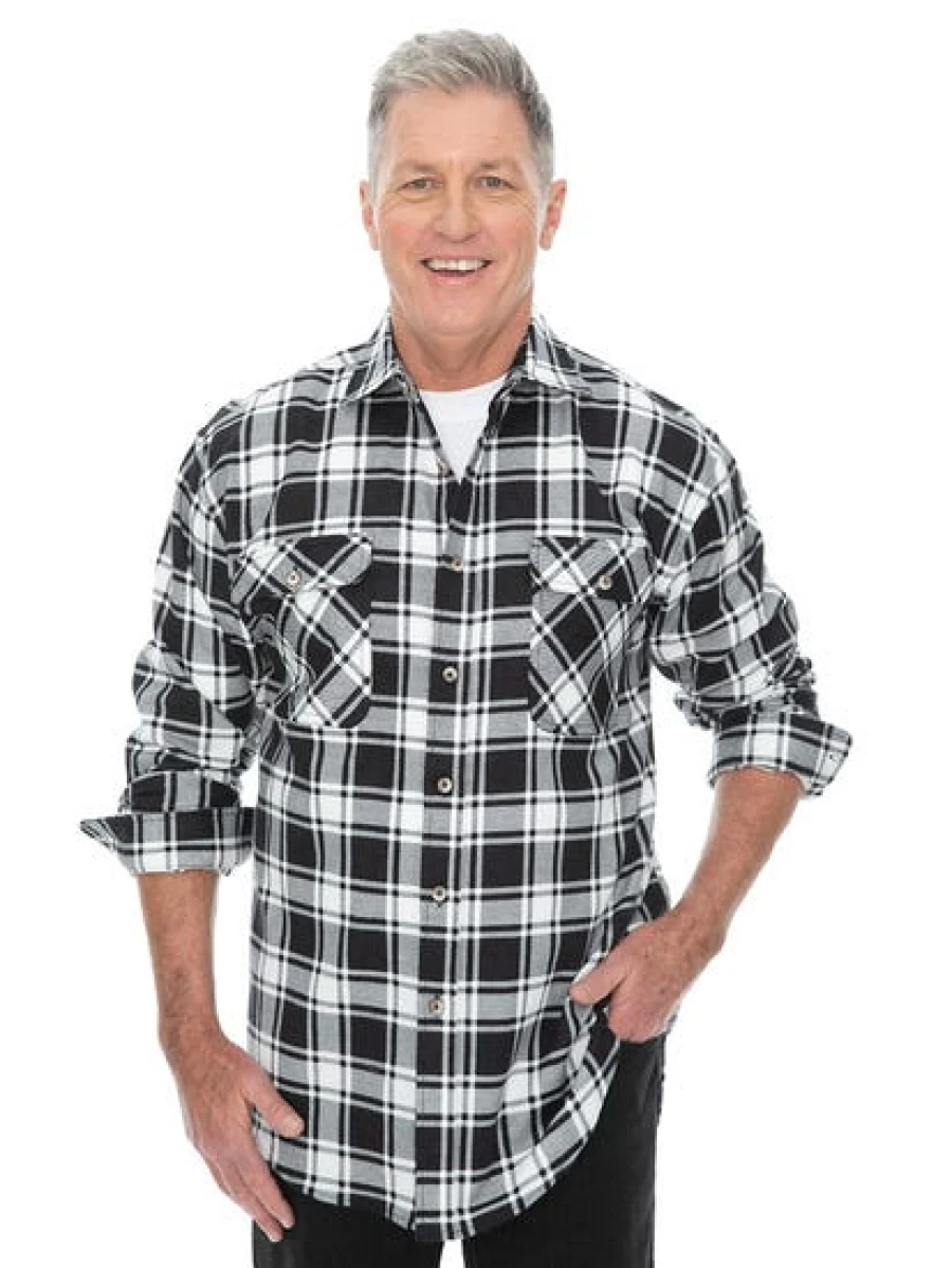 Lowes Men's Black & White Check Flannel Shirt - Soft Casual Plaid Long Sleeve Top