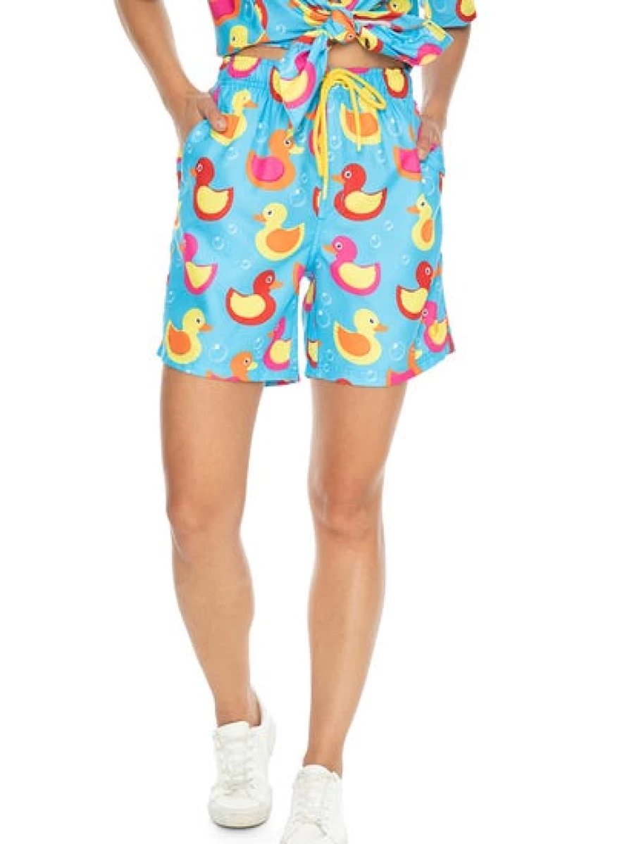 Pacifica Unisex Matching Party Shorts with Aqua Multi-Color Duck Print for Couples & Friends