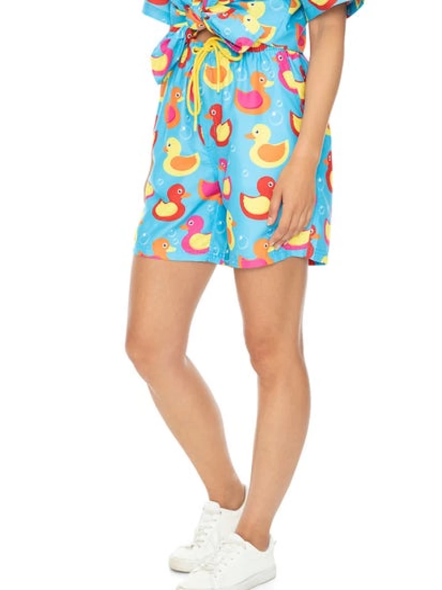 Pacifica Unisex Matching Party Shorts with Aqua Multi-Color Duck Print for Couples & Friends