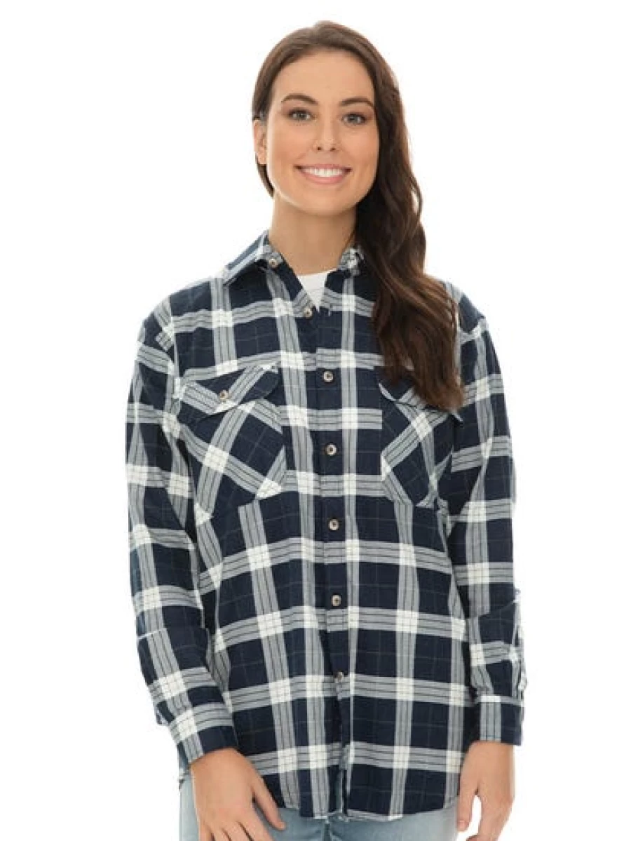 Lowes Men's Navy Check Flannel Shirt - Soft Casual Long Sleeve Plaid Top