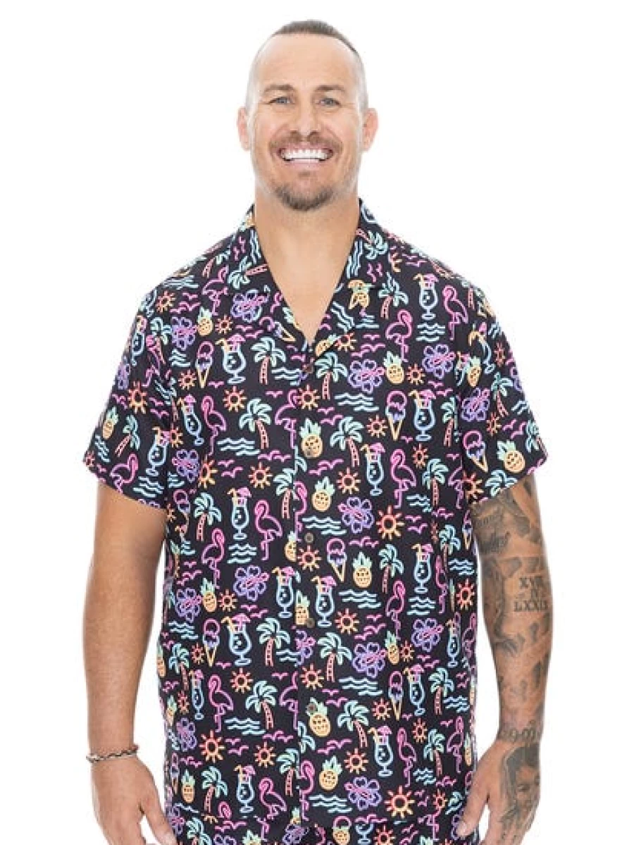 BUILT N FIT Men's Neon Tropical Print Short Sleeve Casual Shirt