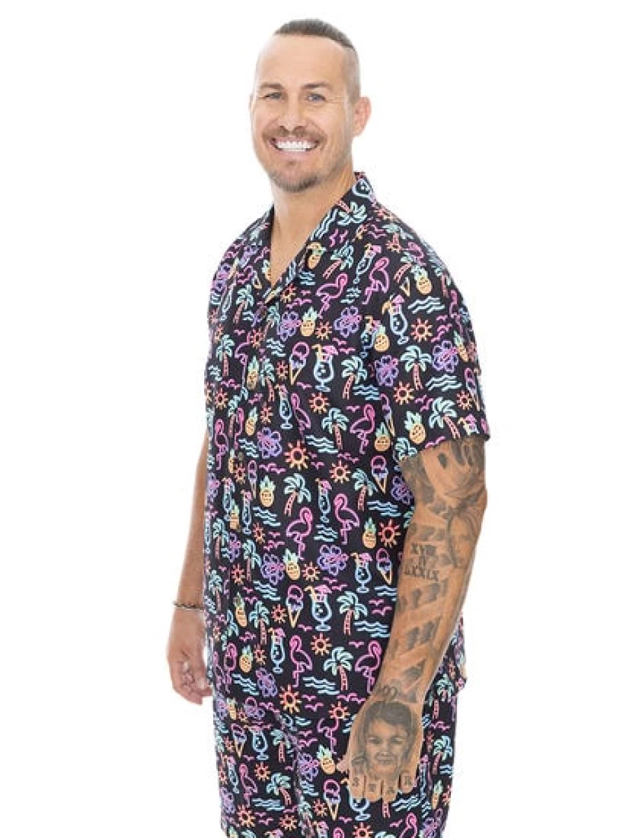 BUILT N FIT Men's Neon Tropical Print Short Sleeve Casual Shirt