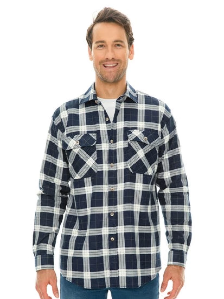 Lowes Men's Navy Check Flannel Shirt - Soft Casual Plaid Long Sleeve Button-Up