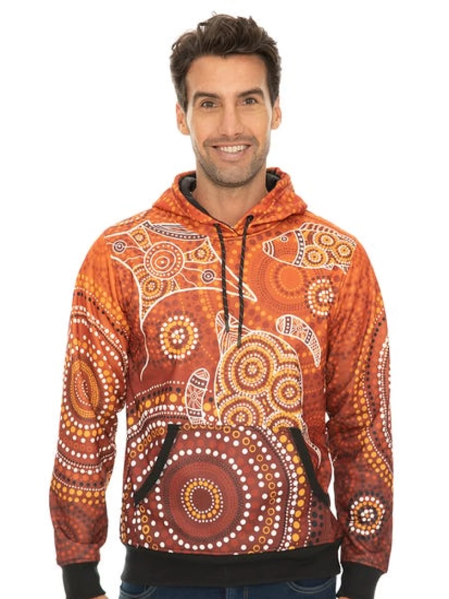 "Gwiyaala Men's Aboriginal Art Hoodie - Orange Cultural Indigenous Australian Streetwear"
