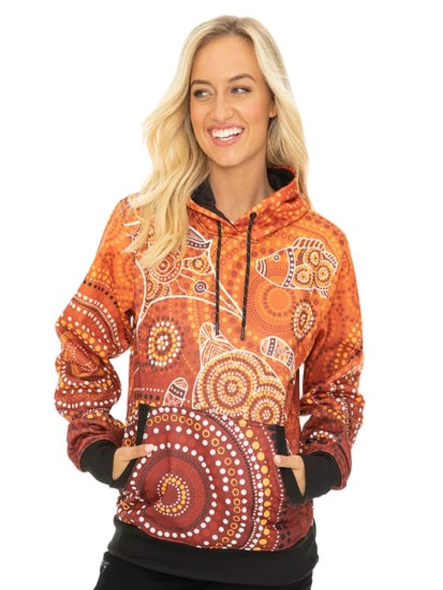"Gwiyaala Men's Aboriginal Art Hoodie - Orange Cultural Indigenous Australian Streetwear"