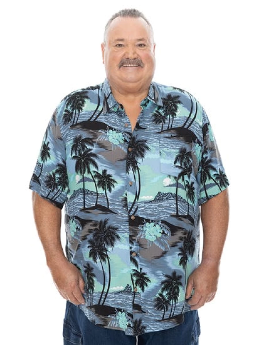 BUILT N FIT Men's Big & Tall Short Sleeve Hawaiian Shirt - Blue Island Print Casual Beach Shirt