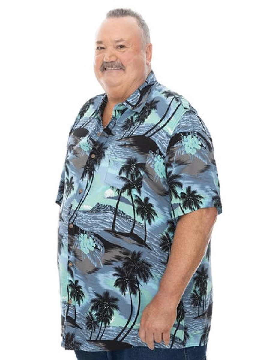 BUILT N FIT Men's Big & Tall Short Sleeve Hawaiian Shirt - Blue Island Print Casual Beach Shirt