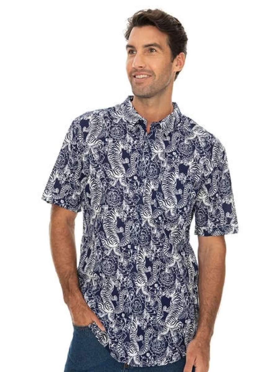 Prodigy Men's Navy Blue Short Sleeve Casual Shirt - Tiger Print Design