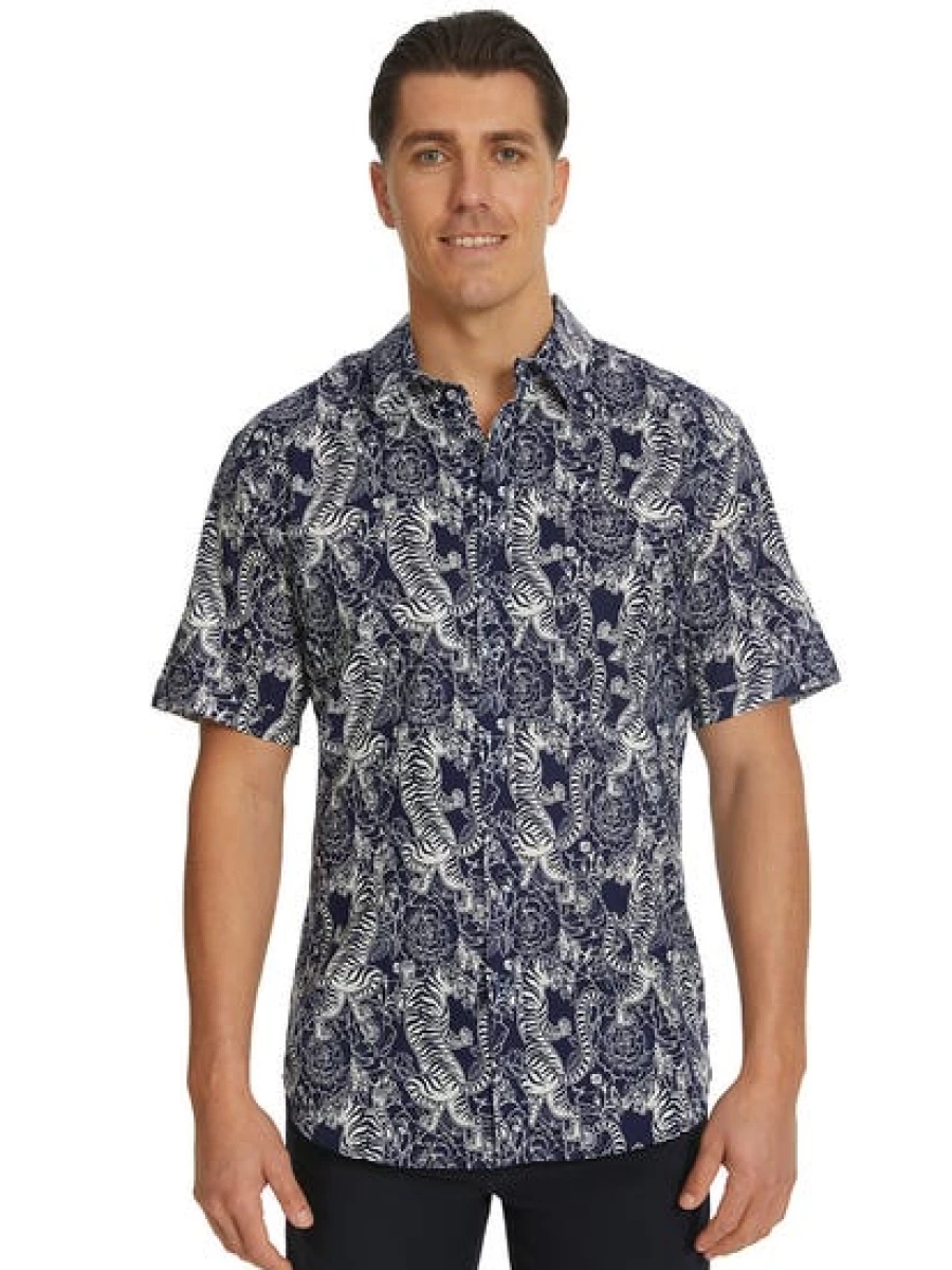 Prodigy Men's Navy Blue Short Sleeve Casual Shirt - Tiger Print Design