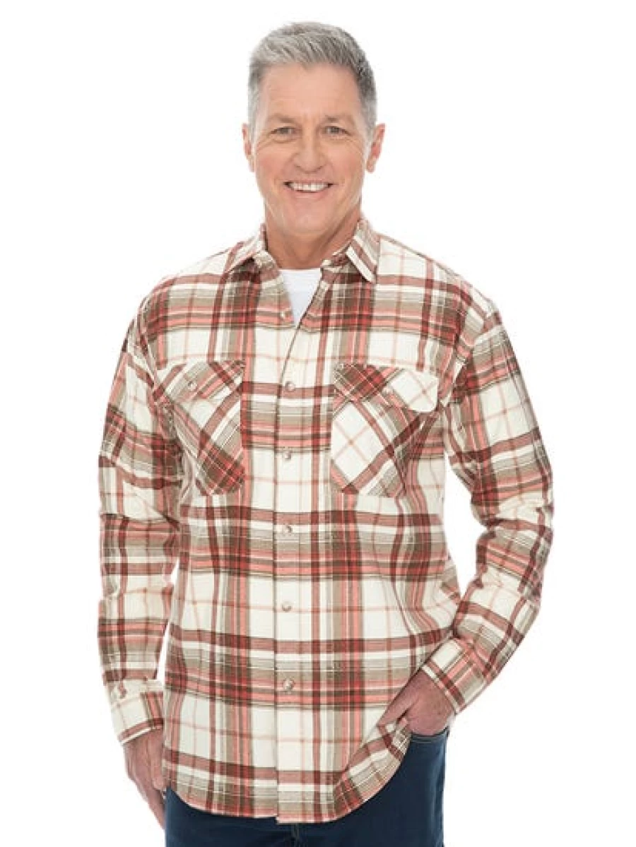 Lowes Men's Flannelette Shirt in White and Red - Soft Plaid Long Sleeve Shirt