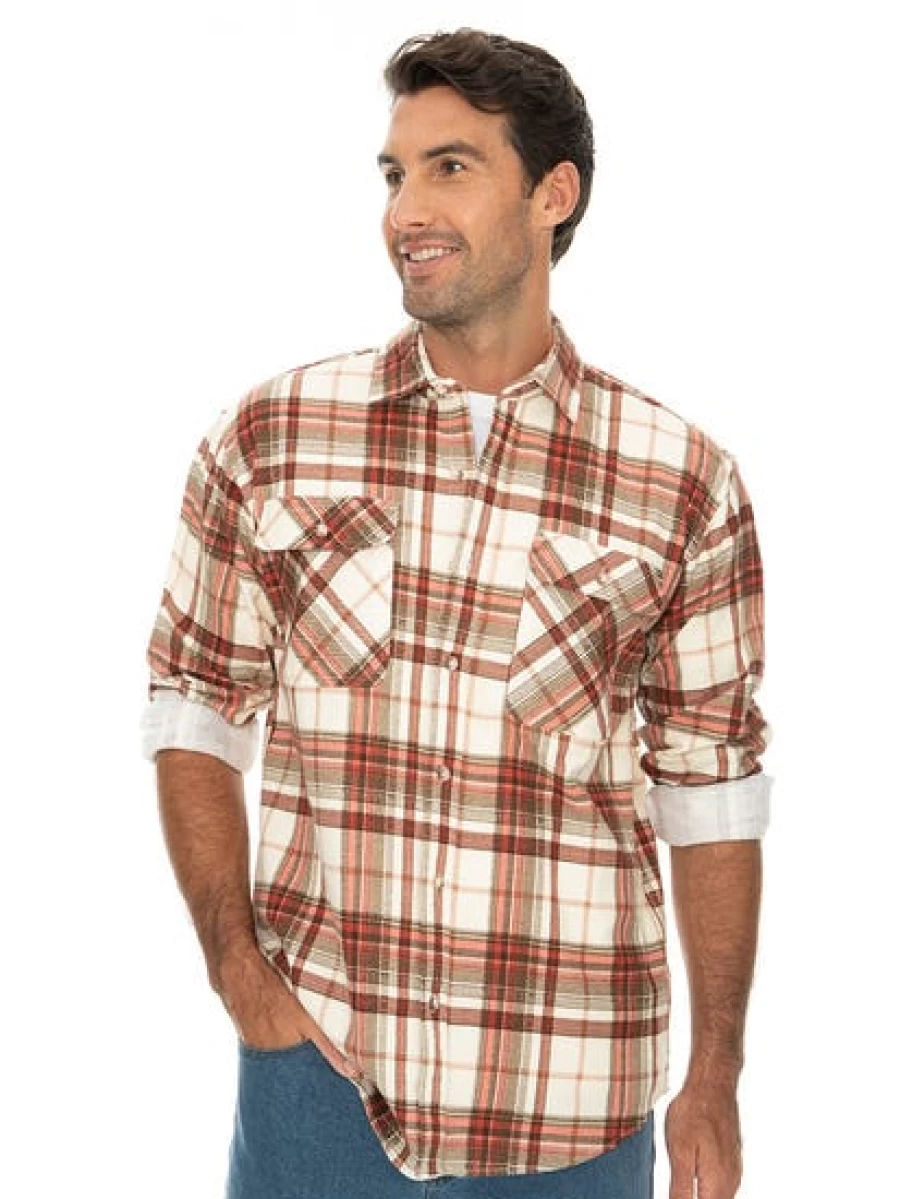 Lowes Men's Flannelette Shirt in White and Red - Soft Plaid Long Sleeve Shirt