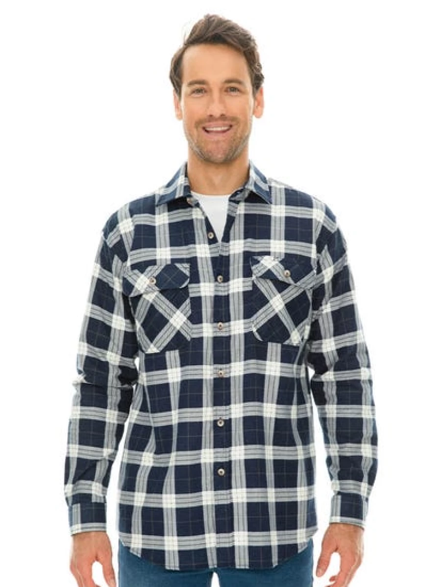 Lowes Men's Navy Check Flannel Shirt - Soft Plaid Long Sleeve Casual Button-Up