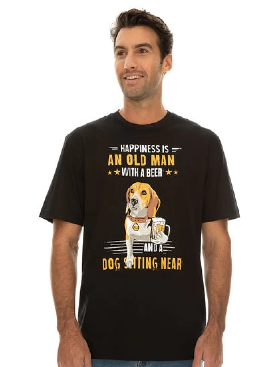 Lowes Men's Vintage Happiness Old Man and Dog Graphic T-Shirt - Black Casual Tee