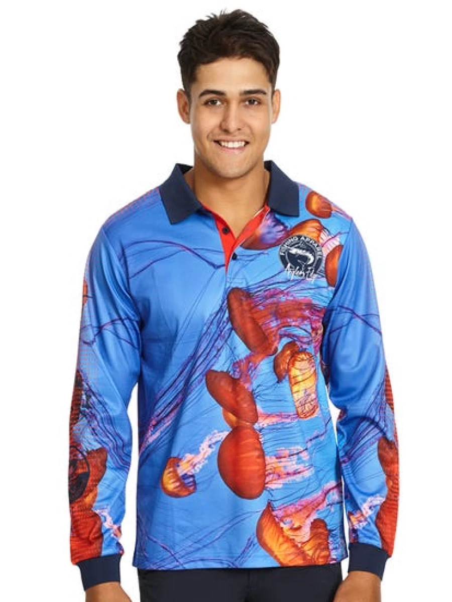Men's Anglers Edge Long Sleeve Fishing Shirt - Jellyfish UPF Sun Protection Performance Polo