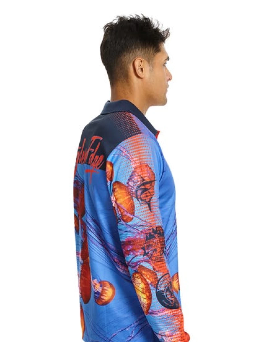 Men's Anglers Edge Long Sleeve Fishing Shirt - Jellyfish UPF Sun Protection Performance Polo