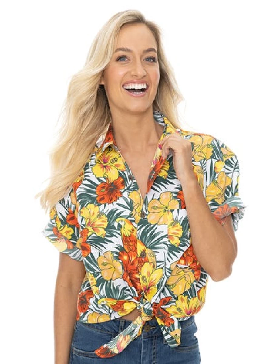 Lowes Tropical Hawaiian Shirt with Vibrant Parrot and Hibiscus Print for Men and Women