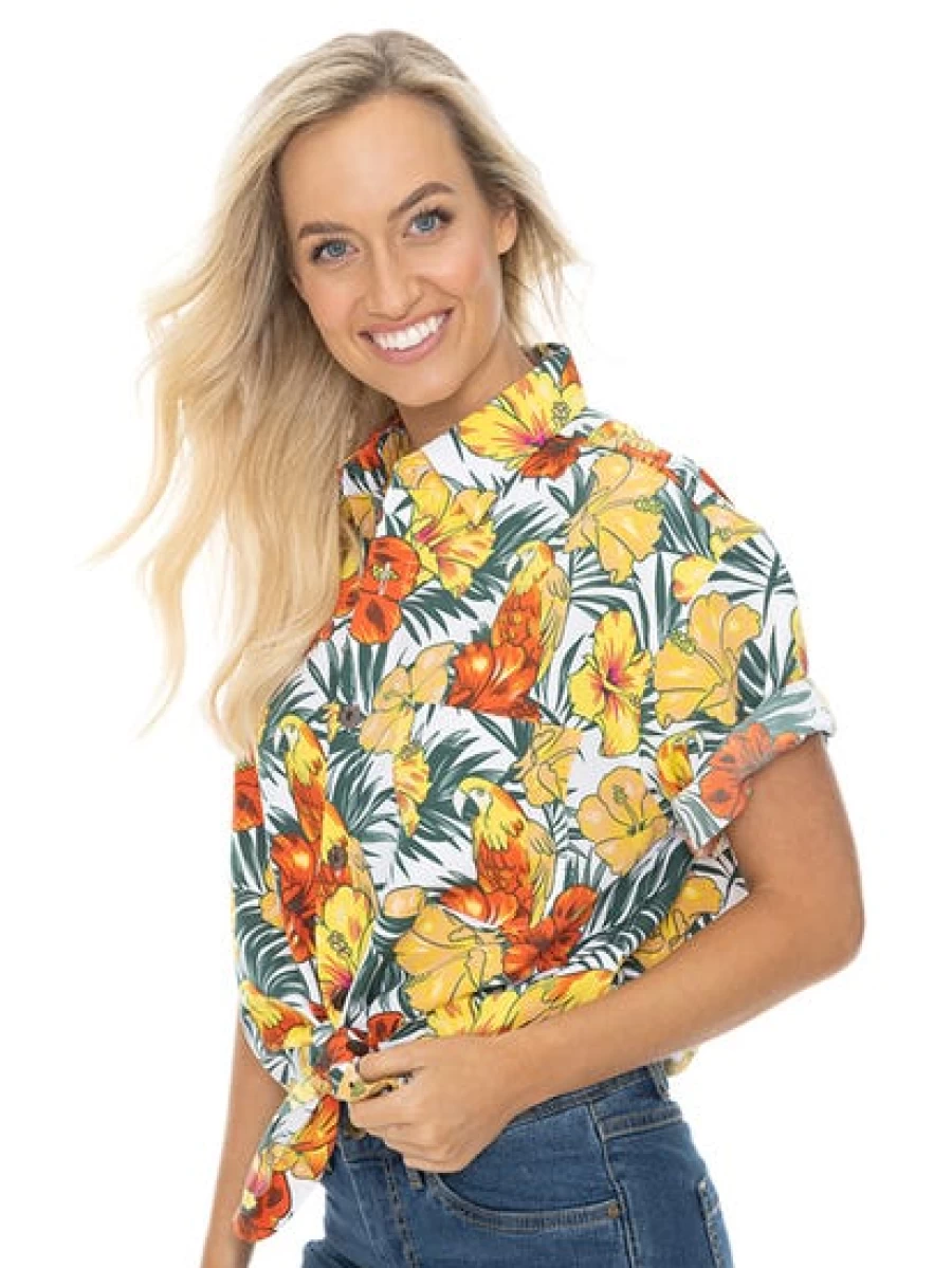 Lowes Tropical Hawaiian Shirt with Vibrant Parrot and Hibiscus Print for Men and Women