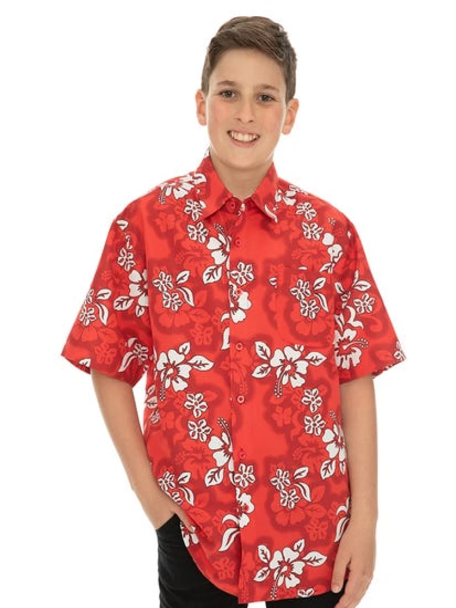 Lowes Men's Red Hibiscus Hawaiian Shirt - Tropical Print Short Sleeve Casual Shirt