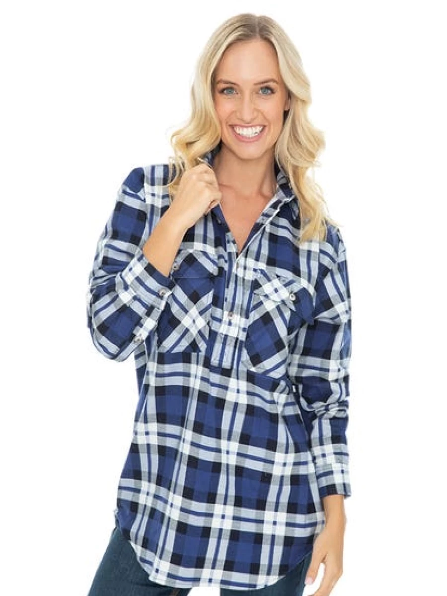 Lowes Men's Denim Blue Flannel Shirt with 1/4 Placket
