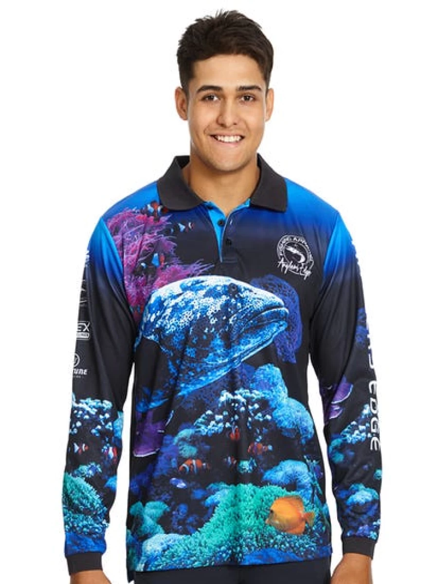 Men's Anglers Edge Navy Long Sleeve Fishing Shirt - UPF Sun Protection & Quick Dry Performance Polo for Anglers