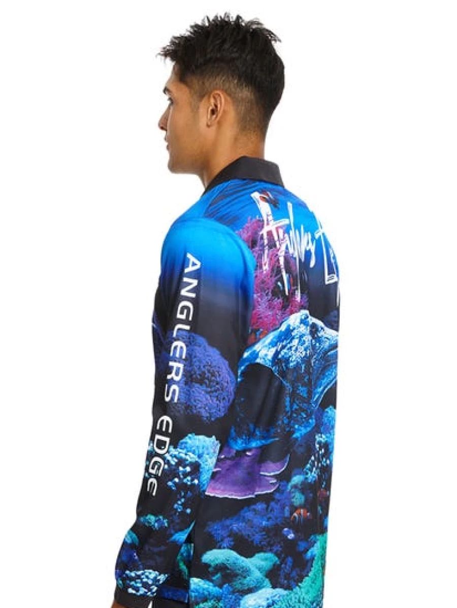 Men's Anglers Edge Navy Long Sleeve Fishing Shirt - UPF Sun Protection & Quick Dry Performance Polo for Anglers