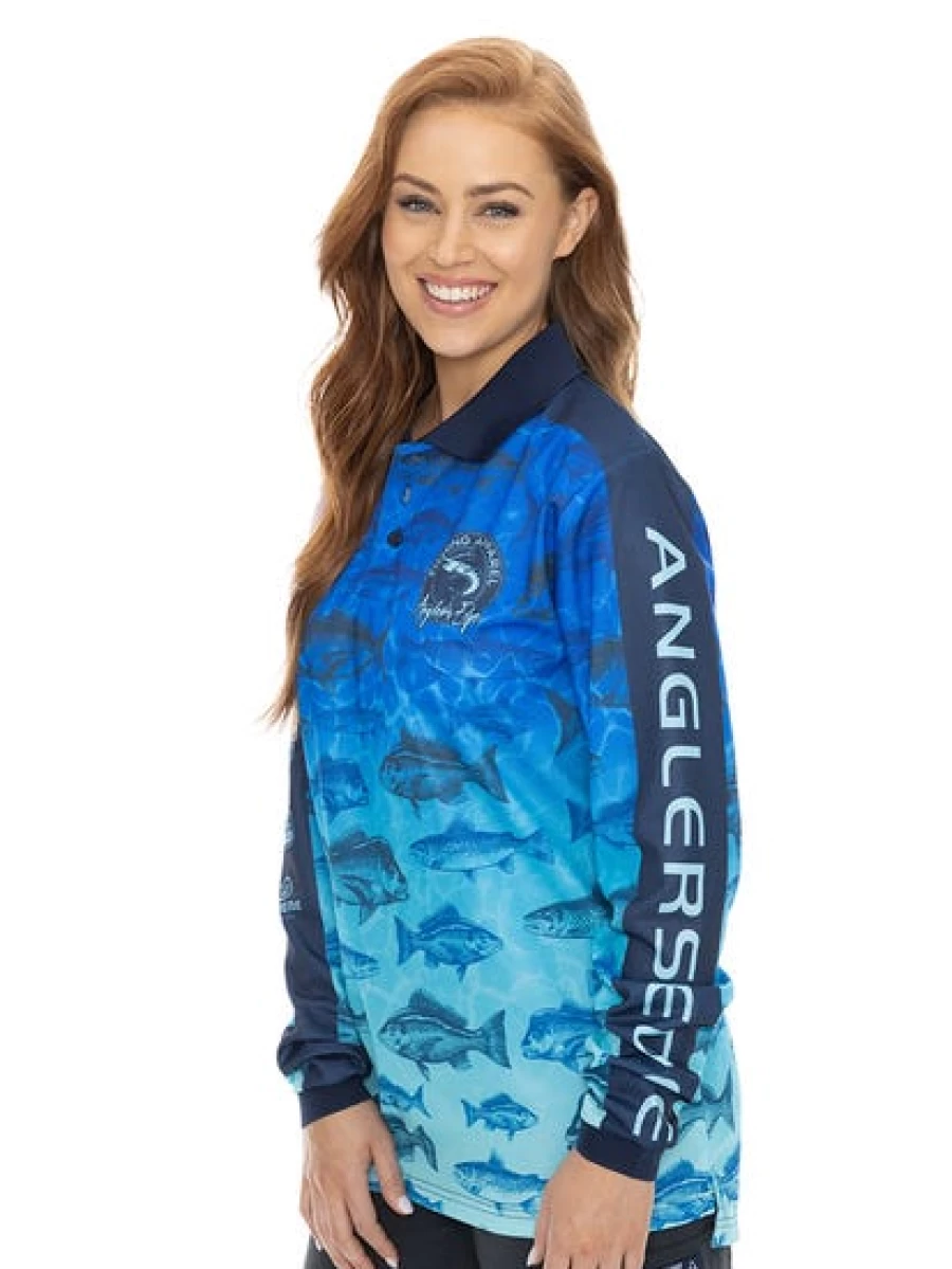 "Anglers Edge Men's Fishing Polo Shirt - Long Sleeve Blue Performance Top for Anglers"