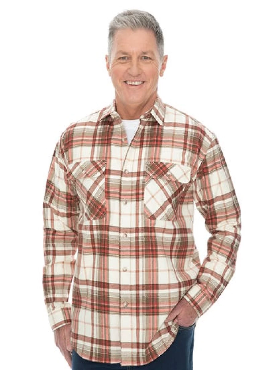 Lowes Men's Flannelette Shirt in White and Red - Soft Plaid Long Sleeve Shirt
