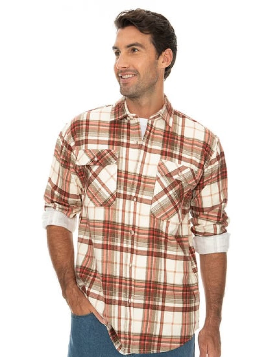 Lowes Men's Flannelette Shirt in White and Red - Soft Plaid Long Sleeve Shirt