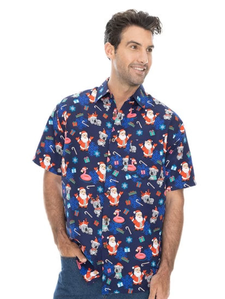 Lowes Men's Navy Christmas Shirt with Santa & Koala Print - Festive Holiday Tee