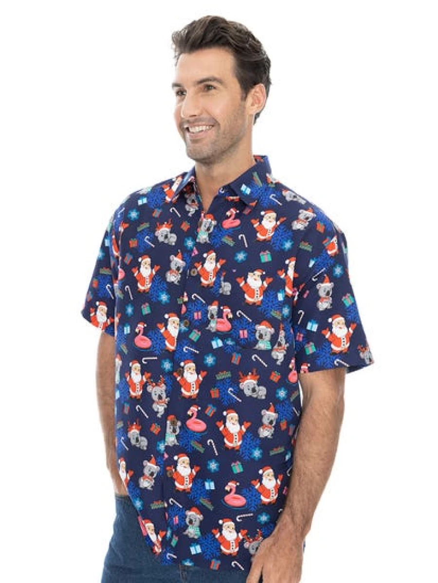 Lowes Men's Navy Christmas Shirt with Santa & Koala Print - Festive Holiday Tee