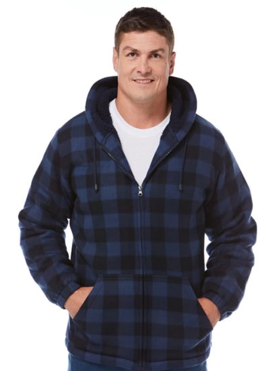 Lowes Men's Denim Check Sherpa Lined Hooded Jacket for Winter Warmth