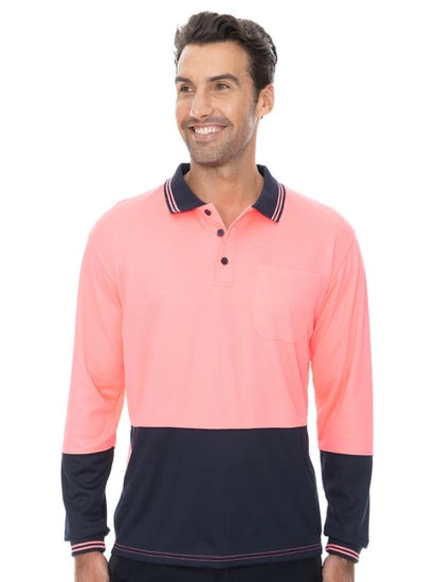 Traders Men's High Visibility Long Sleeve Polo Shirt - Pink & Navy Safety Workwear