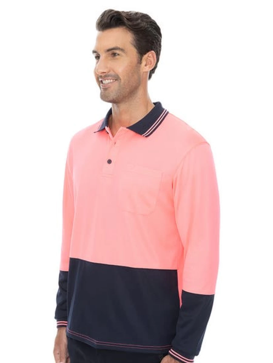 Traders Men's High Visibility Long Sleeve Polo Shirt - Pink & Navy Safety Workwear